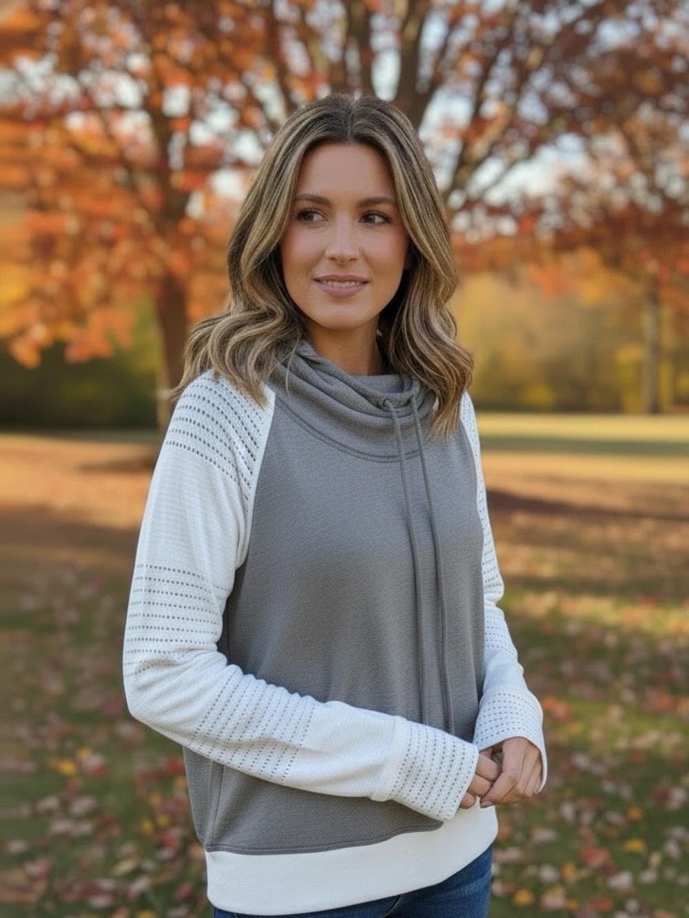 Athleta Limitless Hooded With White Knitted Sleeves Pullover Sweatshirt